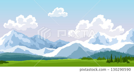 Alpine meadows and beautiful mountains, forests and lakes, vector illustration. Panoramic landscape of green fields, amazing mountains on a clear day with gentle clouds in the blue sky Alpine meadows and beautiful mountains, forests and lakes, vector illustration. Panoramic landscape of green fields, amazing mountains on a clear day with gentle clouds in the blue sky 130290590