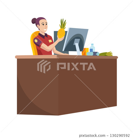 Supermarket cashier at the checkout Supermarket cashier at the checkout 130290592