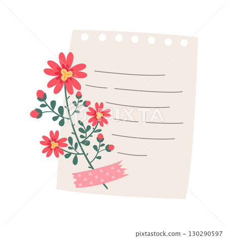 Notes sheet, to-do list, greeting letter with flowers bouquet decorations attached by colorful washi tape. Floral pieces pretty romantic ornaments with sticker strips vector illustration Notes sheet, to-do list, greeting letter with flowers bouquet decorations attached by colorful washi tape. Floral pieces pretty romantic ornaments with sticker strips vector illustration 130290597