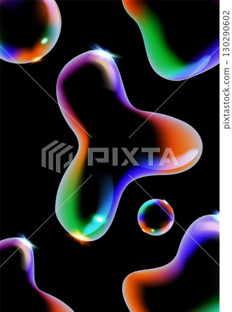 Glowing soap bubbles on black background. Colorful soap bubble. 3D soap balloon. Foam, powder, soap, detergent Glowing soap bubbles on black background. Colorful soap bubble. 3D soap balloon. Foam, powder, soap, detergent 130290602