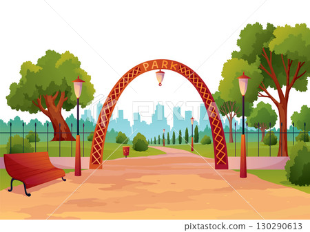 Entrance to city park with green trees and street lamps and skyscrapers on background. Vector urban garden, summer or spring scenery. Flat cartoon style illustration Entrance to city park with green trees and street lamps and skyscrapers on background. Vector urban garden, summer or spring scenery. Flat cartoon style illustration 130290613
