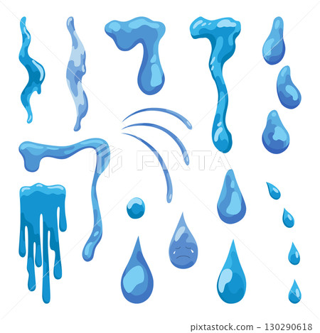 Cartoon tear drops icon set. Sorrow cry streams, tear blob or sweat drop. Crying fluid, falling blue water drops. Isolated vector set for sorrowful character weeping expression. Wet grief droplets 130290618