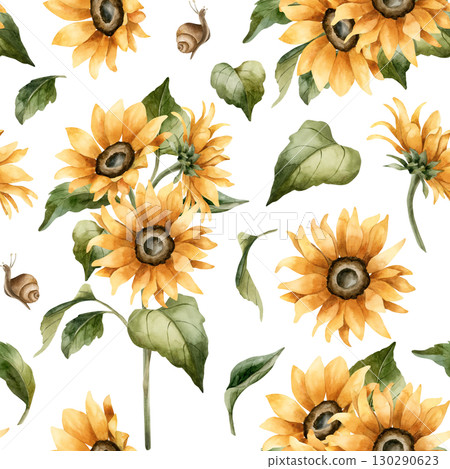 Sunflower Autumn garden yellow flowers Watercolor hand painted floral seamless pattern on white background for fall design cozy prints cute home kitchen table textile fabric wrapping paper wallpaper Sunflower Autumn garden yellow flowers Watercolor hand painted floral seamless pattern on white background for fall design cozy prints cute home kitchen table textile fabric wrapping paper wallpaper 130290623