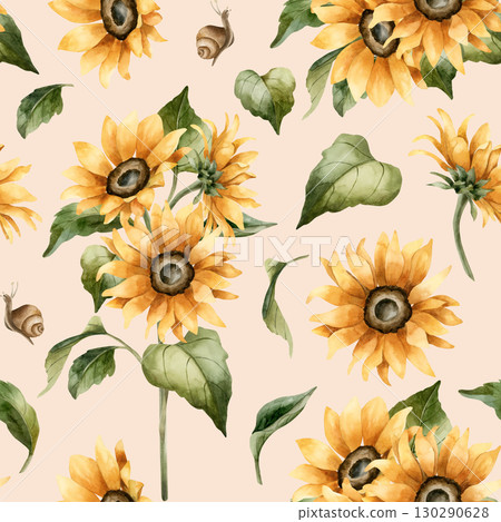 Sunflower Autumn garden yellow flowers Watercolor hand painted floral seamless pattern on beige pink background for fall design cozy prints cute home kitchen textile fabric wrapping paper wallpaper Sunflower Autumn garden yellow flowers Watercolor hand painted floral seamless pattern on beige pink background for fall design cozy prints cute home kitchen textile fabric wrapping paper wallpaper 130290628