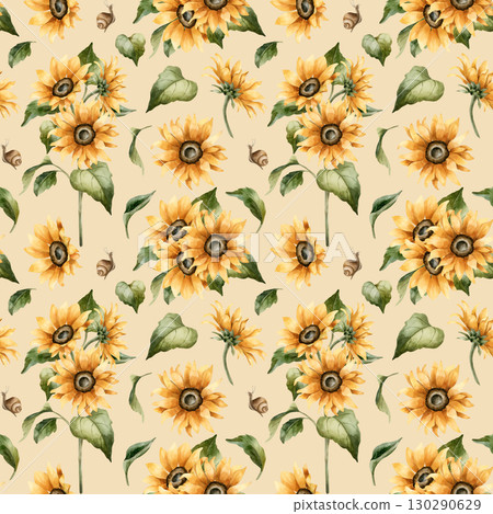 Sunflower Autumn garden yellow flowers Watercolor hand painted floral seamless pattern on beige pink background for fall design cozy prints cute home kitchen textile fabric wrapping paper wallpaper 130290629