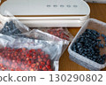 Vacuum sealer of strawberries, honeysuckle in bag, packaging for long-term storage . Vacuum packing machine 130290802