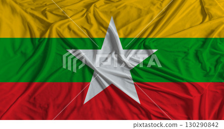 Myanmar flag with fabric texture background. National flag of Myanmar with cloth texture Myanmar flag with fabric texture background. National flag of Myanmar with cloth texture 130290842