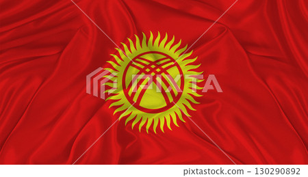 Flag of Kyrgyzstan with cloth texture. Close up of Kyrgyzstan flag waving 130290892