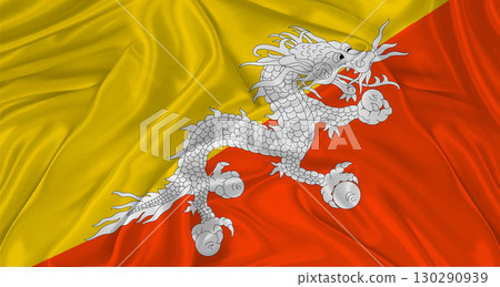 Flag of Bhutan with cloth texture. Close up of Bhutan flag waving Flag of Bhutan with cloth texture. Close up of Bhutan flag waving 130290939