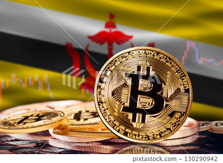 Bitcoin with Brunei flag in the background. Investors in cryptocurrency and Blockchain Technology in Brunei, Concept 130290942