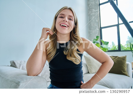 Web cam view of young woman talking looking in camera, online meeting, video call Web cam view of young woman talking looking in camera, online meeting, video call 130290957