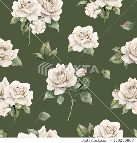 White Roses with leaves Watercolor hand painted Victorian floral seamless pattern on green background rustic garden flowers for wedding design home textile fabric crockery table cloth wrapping paper 130290967