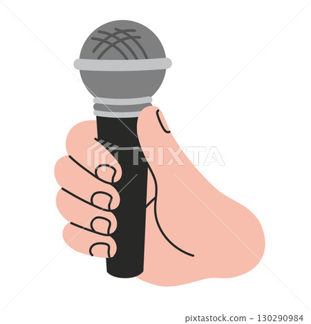 Hand holding microphone. Singing, speech, live performance and music concept. Trendy modern vector illustration isolated on white background, hand drawn, flat design Hand holding microphone. Singing, speech, live performance and music concept. Trendy modern vector illustration isolated on white background, hand drawn, flat design 130290984