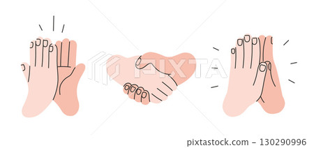 Handshake, high five gesture and clapping hands. Agreement, teamwork and applause concept. Trendy modern vector illustration isolated on white background, hand drawn, flat design 130290996