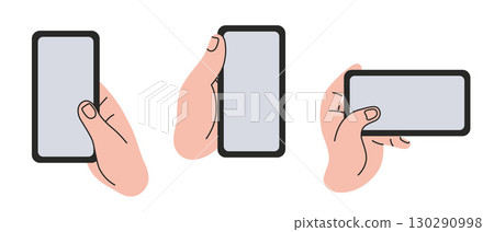 One hand holding smartphone vertically and horizontally. Communication, technology and mobile concept set. Trendy modern vector illustration isolated on white background, hand drawn, flat design 130290998