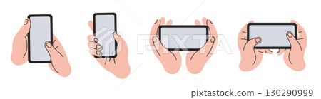 Set with Hands holding smartphone in various positions. Trendy modern vector illustration isolated on white background, hand drawn, flat design 130290999