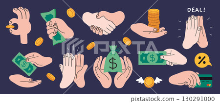 Hands with money, coins and dollar bills. Business deal and financial transaction concept. Trendy modern vector illustration, hand drawn, flat design Hands with money, coins and dollar bills. Business deal and financial transaction concept. Trendy modern vector illustration, hand drawn, flat design 130291000