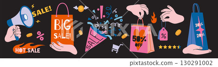 Big sale promotion banner with shopping bags, hands, discounts, megaphone and rating stars. Trendy modern vector illustration on black background, hand drawn, flat design Big sale promotion banner with shopping bags, hands, discounts, megaphone and rating stars. Trendy modern vector illustration on black background, hand drawn, flat design 130291002