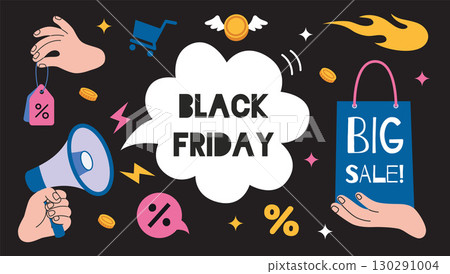 Black Friday sale promotion with discount signs, shopping bag, megaphone and percentage icons. Trendy modern vector illustration, hand drawn, flat design 130291004
