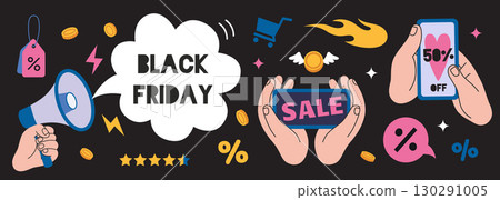 Black Friday discount banner with shopping icons, megaphone,  smartphone  and percentage signs. Trendy modern vector illustration, hand drawn, flat design 130291005