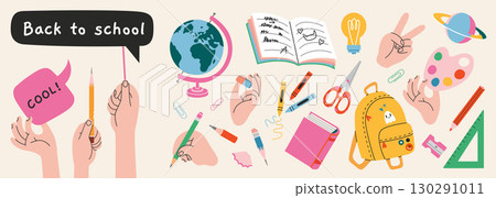 Back to school set with stationery, hands, backpack, globe, books and educational supplies. Trendy modern vector illustration isolated on light background, hand drawn, flat design 130291011