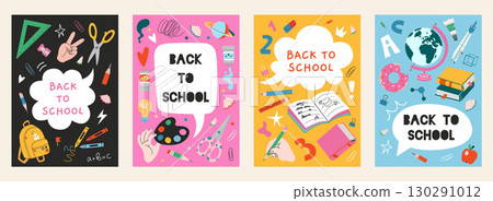 Back to school posters with books, stationery, art supplies and educational tools. Trendy modern vector illustration isolated on colorful background, hand drawn, flat design Back to school posters with books, stationery, art supplies and educational tools. Trendy modern vector illustration isolated on colorful background, hand drawn, flat design 130291012