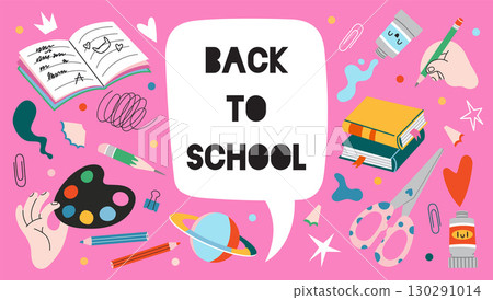 Back to school poster with books, art supplies, stationery and learning elements. Trendy modern vector illustration on pink background, hand drawn, flat design Back to school poster with books, art supplies, stationery and learning elements. Trendy modern vector illustration on pink background, hand drawn, flat design 130291014