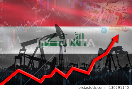 Oil production with Iraq flag, petrol industry. Oil pumps with Iraq flag 130291140