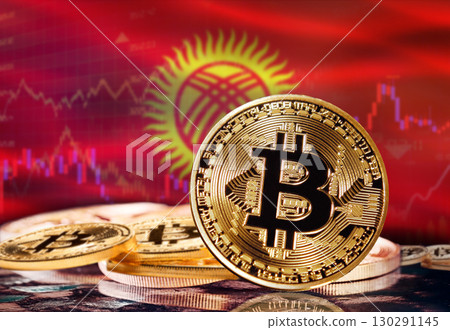 Kyrgyzstan with Bitcoin flag in the background. Investors in cryptocurrency and Blockchain Technology in Kyrgyzstan, Concept Kyrgyzstan with Bitcoin flag in the background. Investors in cryptocurrency and Blockchain Technology in Kyrgyzstan, Concept 130291145