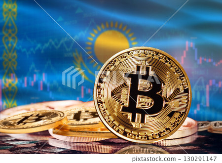 Bitcoin with Kazakhstan flag in the background. Investors in cryptocurrency and Blockchain Technology in Kazakhstan, Concept 130291147