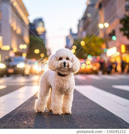 A white toy poodle standing at an intersection at dusk 130291212