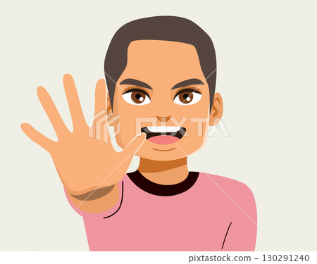 Handsome Man Showing Palm Hand Showing His 5 Fingers Concept For Tutorials Handsome Man Showing Palm Hand Showing His 5 Fingers Concept For Tutorials 130291240
