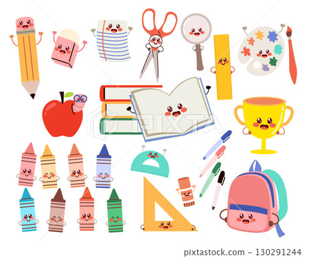 Set Of School Supplies With Back To School Concept Isolated On White Background With Blue Balloon Set Of School Supplies With Back To School Concept Isolated On White Background With Blue Balloon 130291244