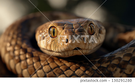 Closeup of a snake with striking eyes and detailed scales in the wild, showcasing reptile patterns. 130291280