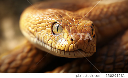 Closeup of a yellow snake with scales, eyes, and reptile details in nature 130291281