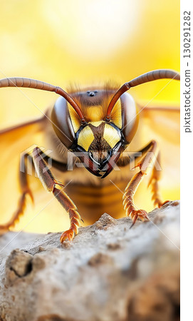 Macro shot of a hornet with detailed wings and antennae in vibrant yellow environment 130291282