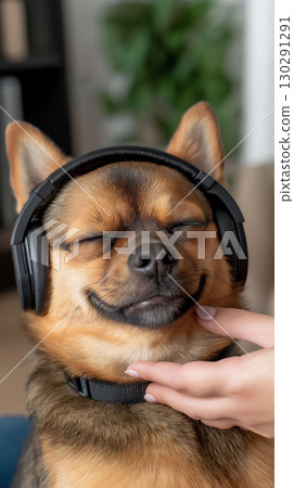 Happy dog with headphones enjoying music, ears up and smiling gently, relaxed and calm pose 130291291