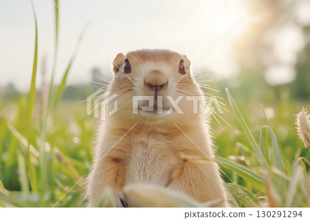 Alert prairie rodent in natural field environment with grass and sunlight landscape 130291294