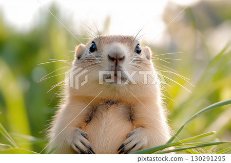 marmot portrait in natural habitat with green grass and sunlight, featuring fluffy fur and cute whiskers. 130291295