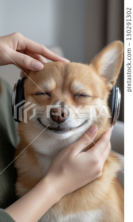 Adorable Shiba Inu dog wearing headphones, smiling and relaxed, perfect for pet and music lovers 130291302