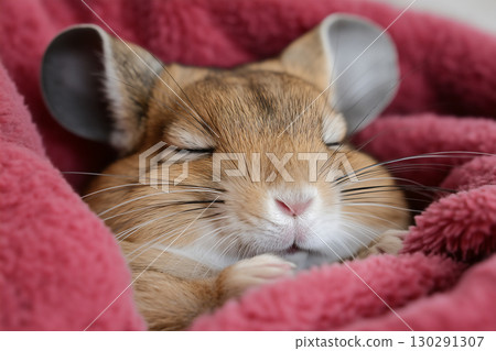 Chinchilla sleeping cozy and cute, furry adorable animal in a relaxed position under a blanket Chinchilla sleeping cozy and cute, furry adorable animal in a relaxed position under a blanket 130291307