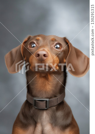 Dachshund portrait featuring a brown puppy with smooth fur in a studio setting 130291315