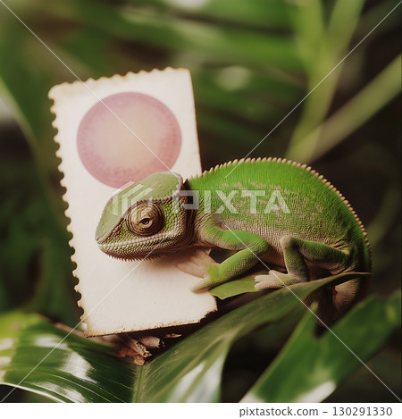 Chameleon reptile lizard showcasing green camouflage in nature wildlife and exotic animal setting 130291330