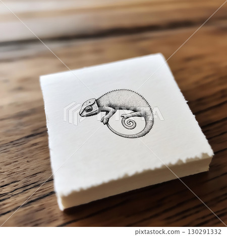Artistic illustration of a chameleon reptile with unique camouflage and curled tail on wood Artistic illustration of a chameleon reptile with unique camouflage and curled tail on wood 130291332