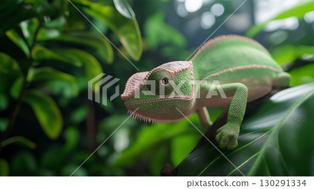 Chameleon blending in the jungle: green lizard, nature's camouflage and exotic wildlife Chameleon blending in the jungle: green lizard, nature's camouflage and exotic wildlife 130291334