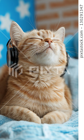 A Cute Ginger Tabby Cat Wearing Headphones Relaxed in Music and Cozy Environment 130291347