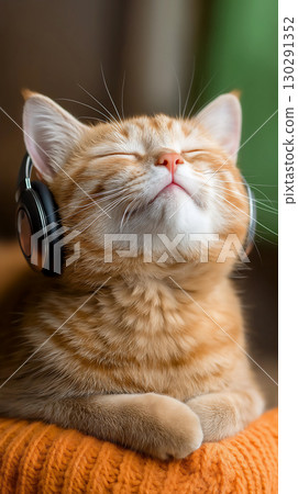 Ginger kitten with headphones enjoying music in relaxation, serene and fluffy adorable pet 130291352