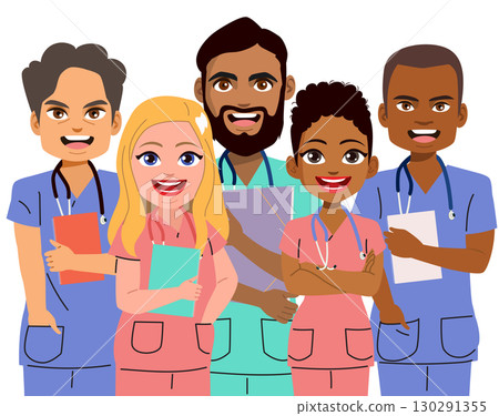 Group Of Diverse Doctor Students Holding Notebooks Isolated On White Background 130291355