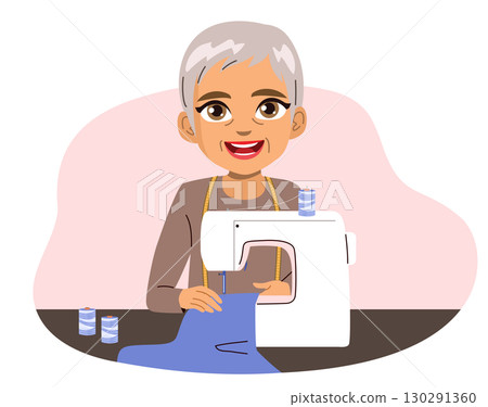 Senior Tailor Woman Sewing With A Sewing Machine Isolated 130291360