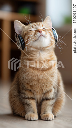 Adorable tabby kitten with headphones relaxing and enjoying music while sitting peacefully 130291407